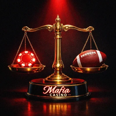 Golden scale balancing casino chip and football